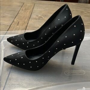 Nine West Black Sateen Fabric Silver Studded Heels 6.5
